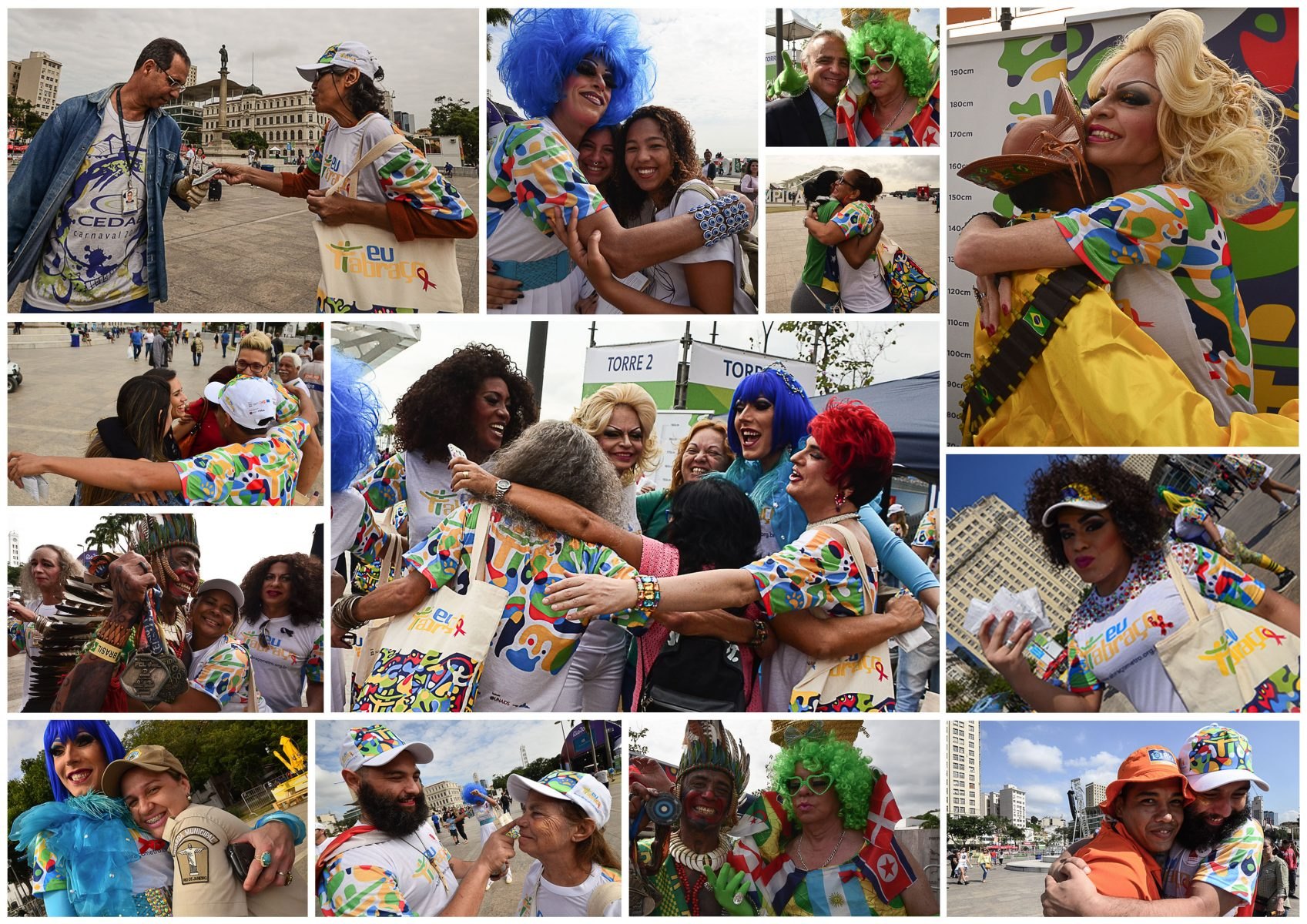Collage of hugs on the Olympic Boulevard, with volunteers, drag queens and passers-by