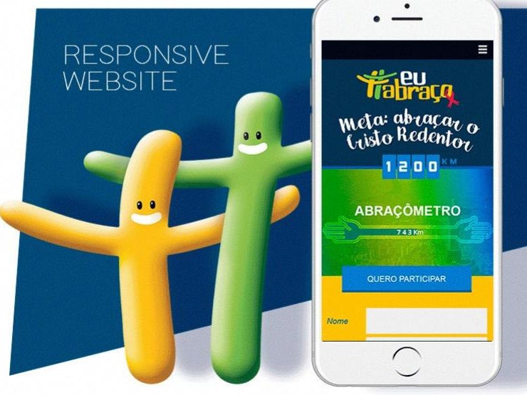 The mascots Hash and Tag next to the Abraçômetro website on a phone