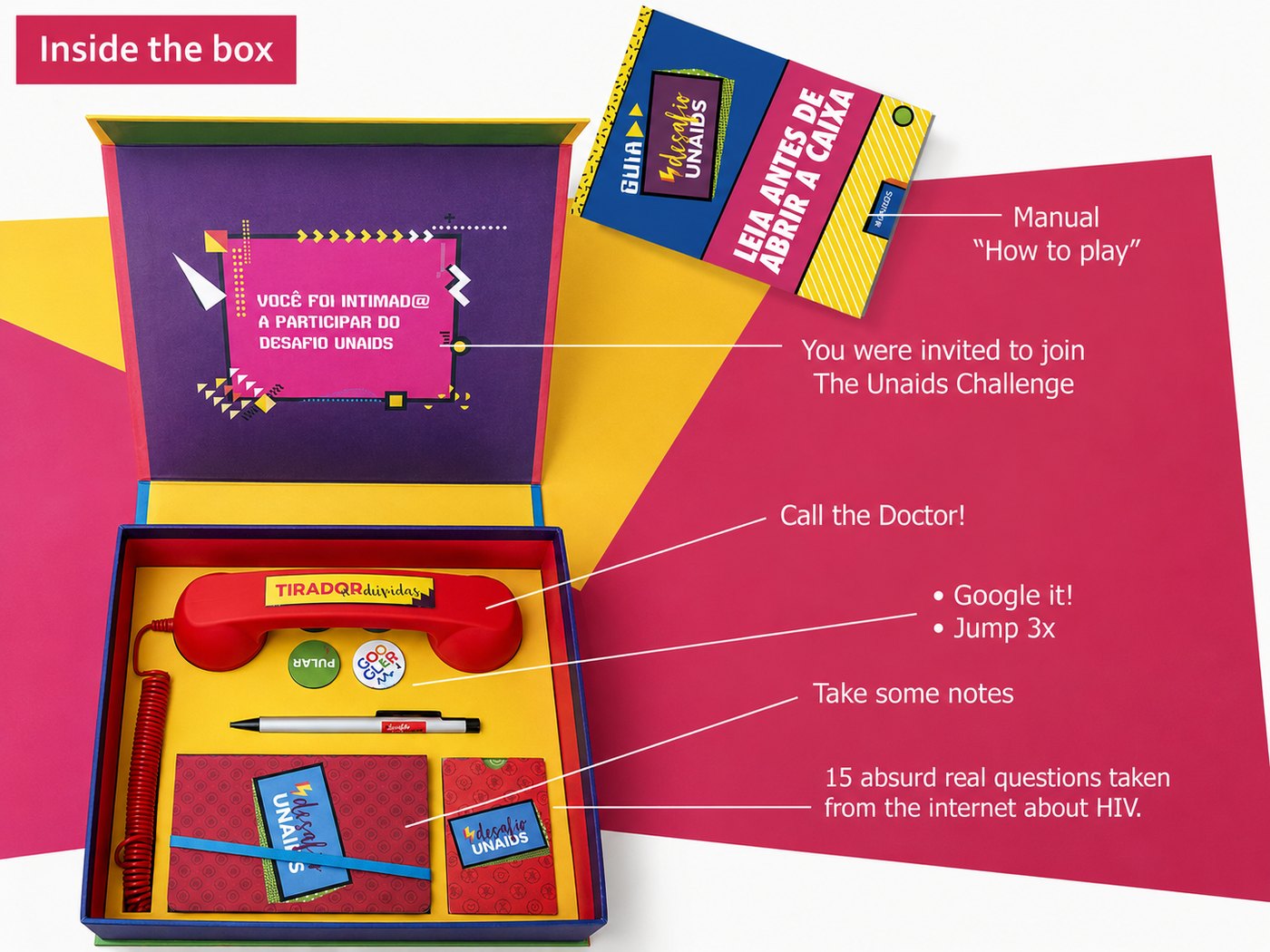 The Desafio UNAIDS box, with the manual, the retro phone and the question cards